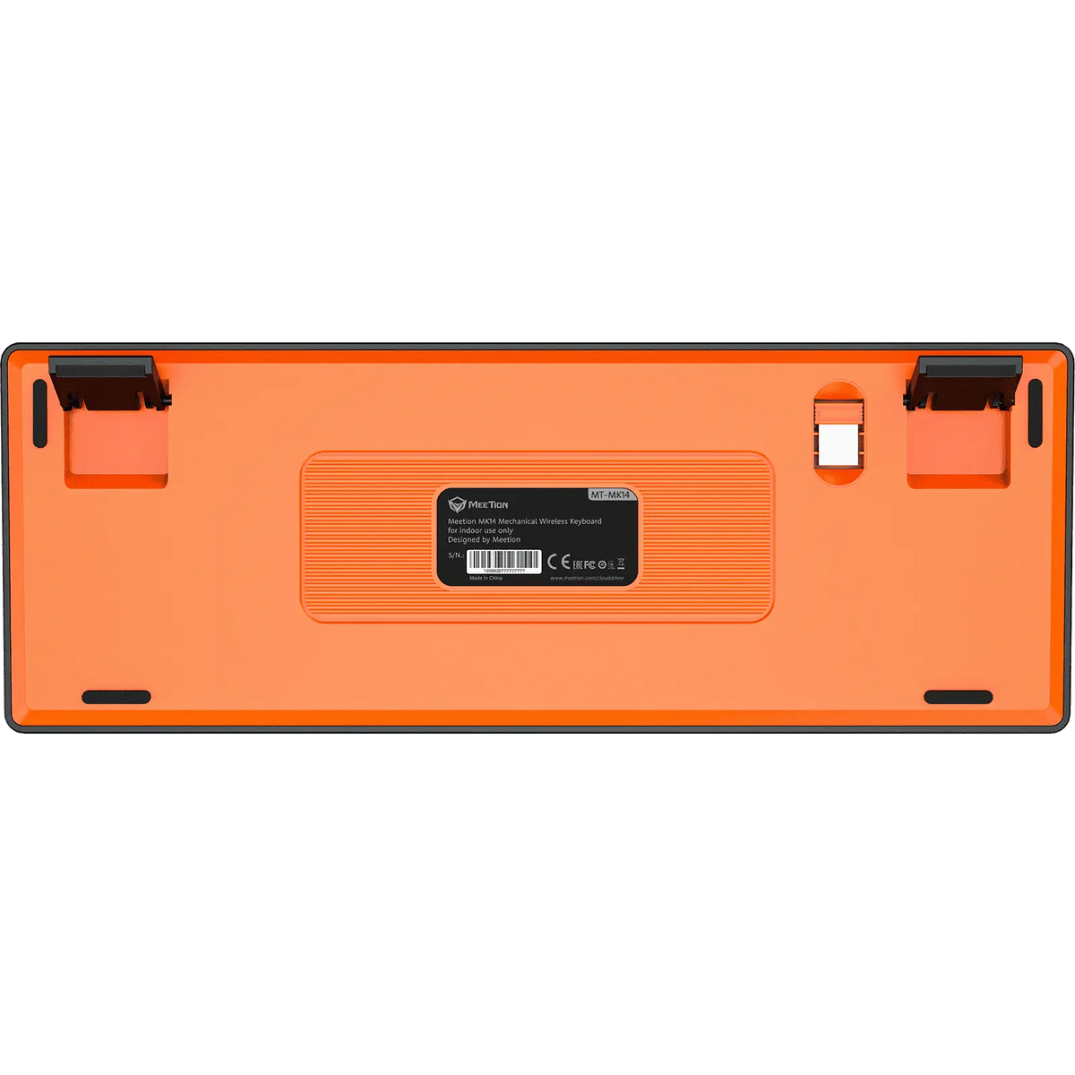 Wireless mechanical keyboard bottom cover in orange with label and mounting feet