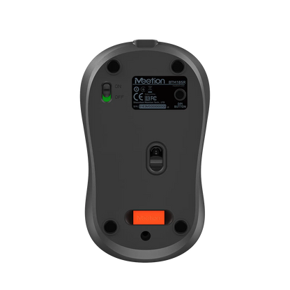 Rechargeable wireless mouse bottom view with charging port, ON/OFF switch, and feet.