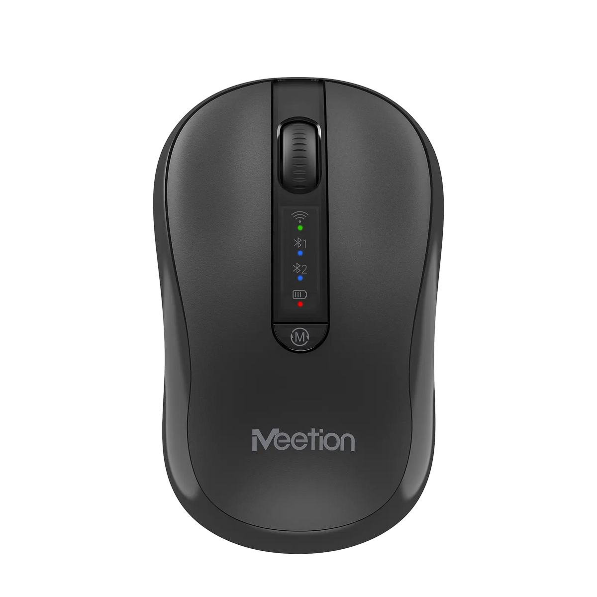 Ergonomic wireless mouse with matte dark body, illuminated DPI panel on top.