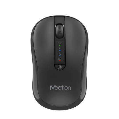 Ergonomic wireless mouse with matte dark body, illuminated DPI panel on top.