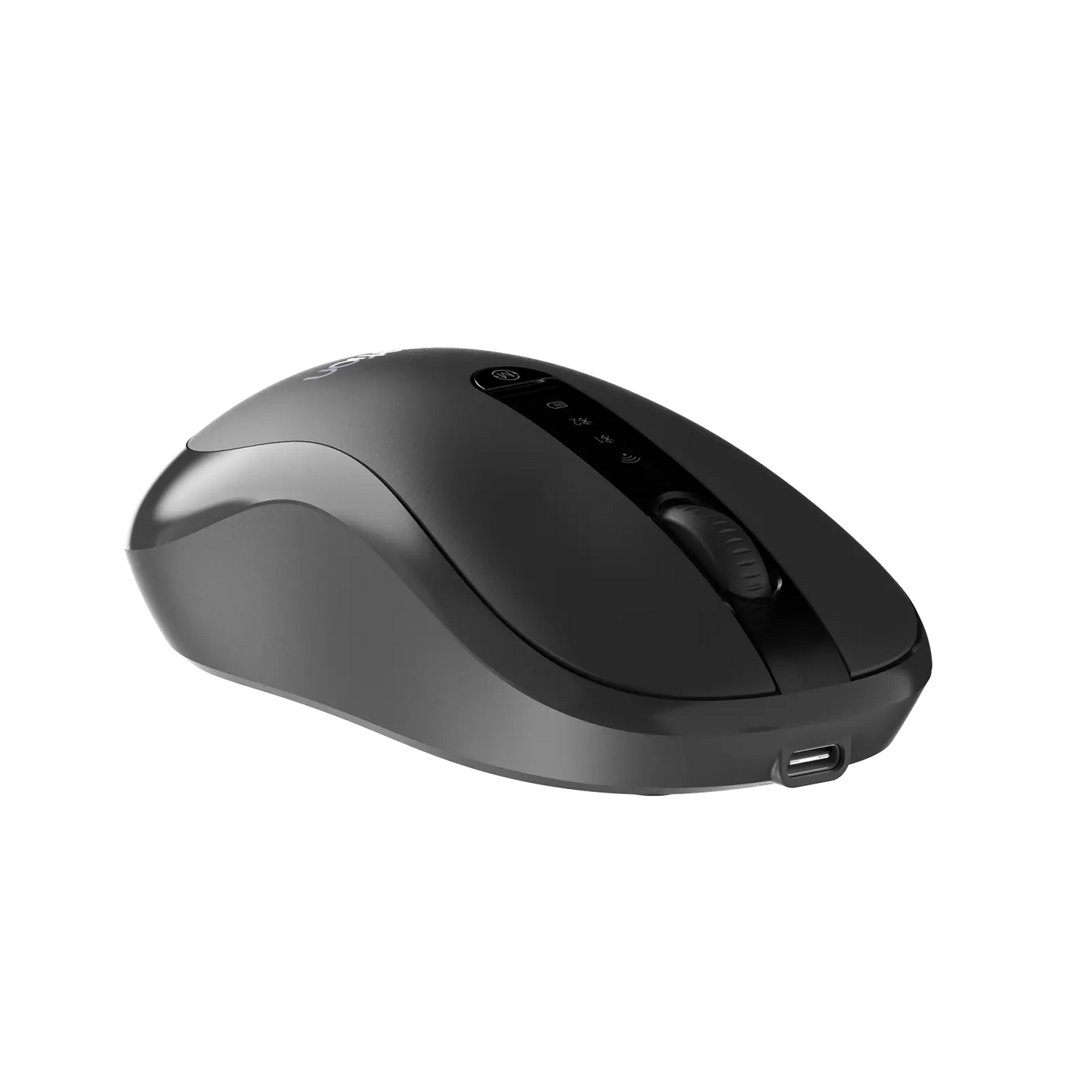 Ergonomic wireless mouse in dark gray, side buttons and scroll wheel visible.