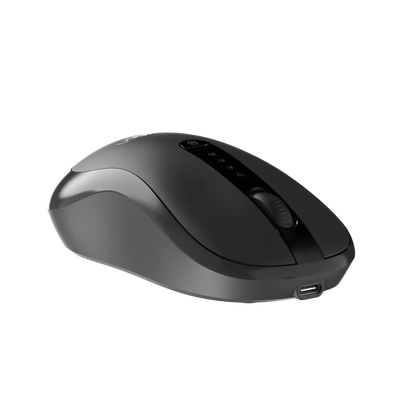 Ergonomic wireless mouse in dark gray, side buttons and scroll wheel visible.