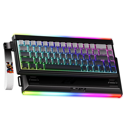 Gaming keyboard close-up with RGB backlit keys, colored underglow, black frame