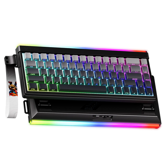 Gaming keyboard close-up with RGB backlit keys, colored underglow, black frame