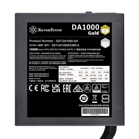 مزود طاقة SilverStone DA1000 Gold Cybenetics 1000W شبه معياري ATX مزود بمنفذ PCIe 5.0 12+4 سنون 