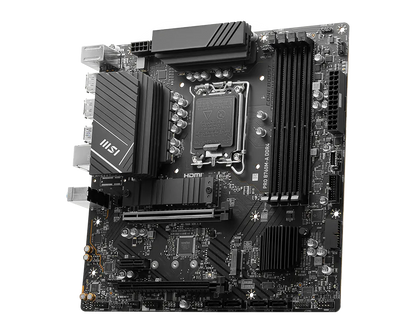 MSI PRO B760M-A DDR4 motherboard angled top view with heatsinks and memory slots