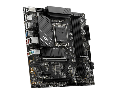 MSI PRO B760M-A DDR4 motherboard angled view with rear connectors and DIMM slots