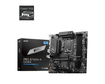 MSI PRO B760M-A DDR4 motherboard with copper PCB badge and board view