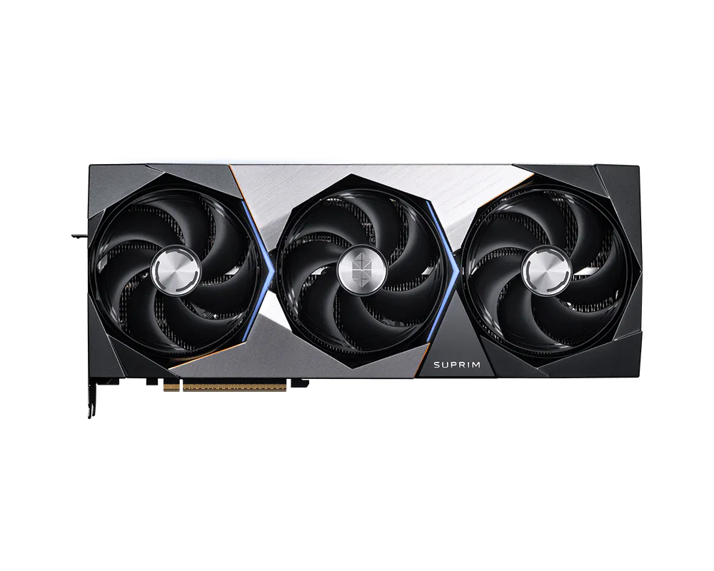 SUPRIM graphics card with three black cooling fans and metallic silver top shroud