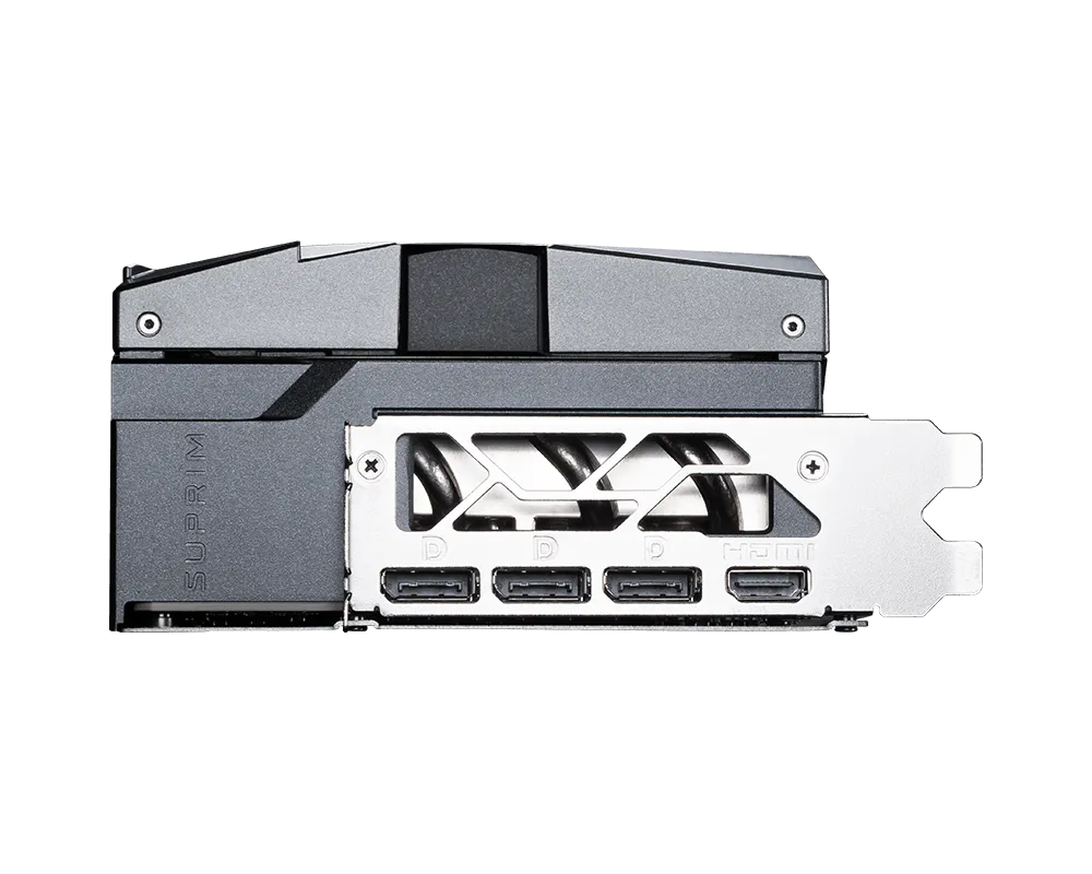 SUPRIM graphics card rear I/O panel with multiple ports and silver metal shroud