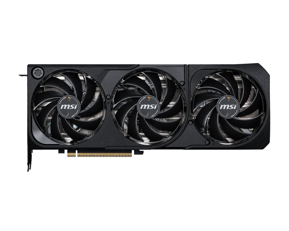Graphics card with three black fans and MSI center hub logos