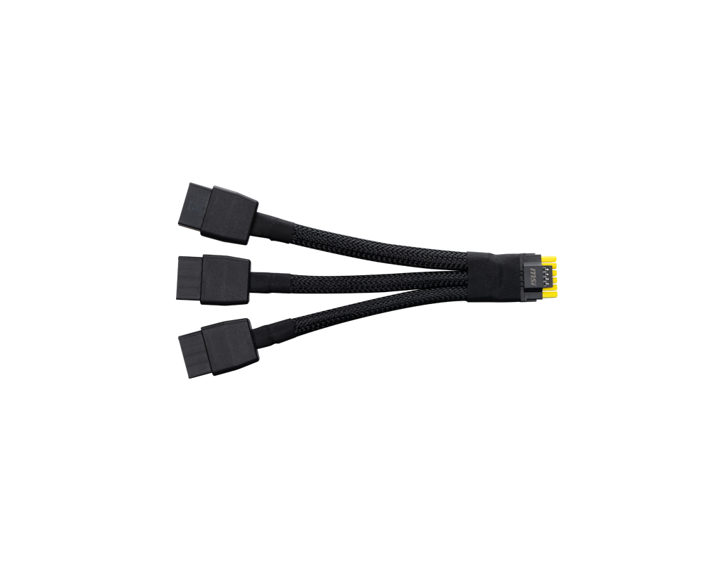Graphics card power connectors, three black plug ends with yellow contacts