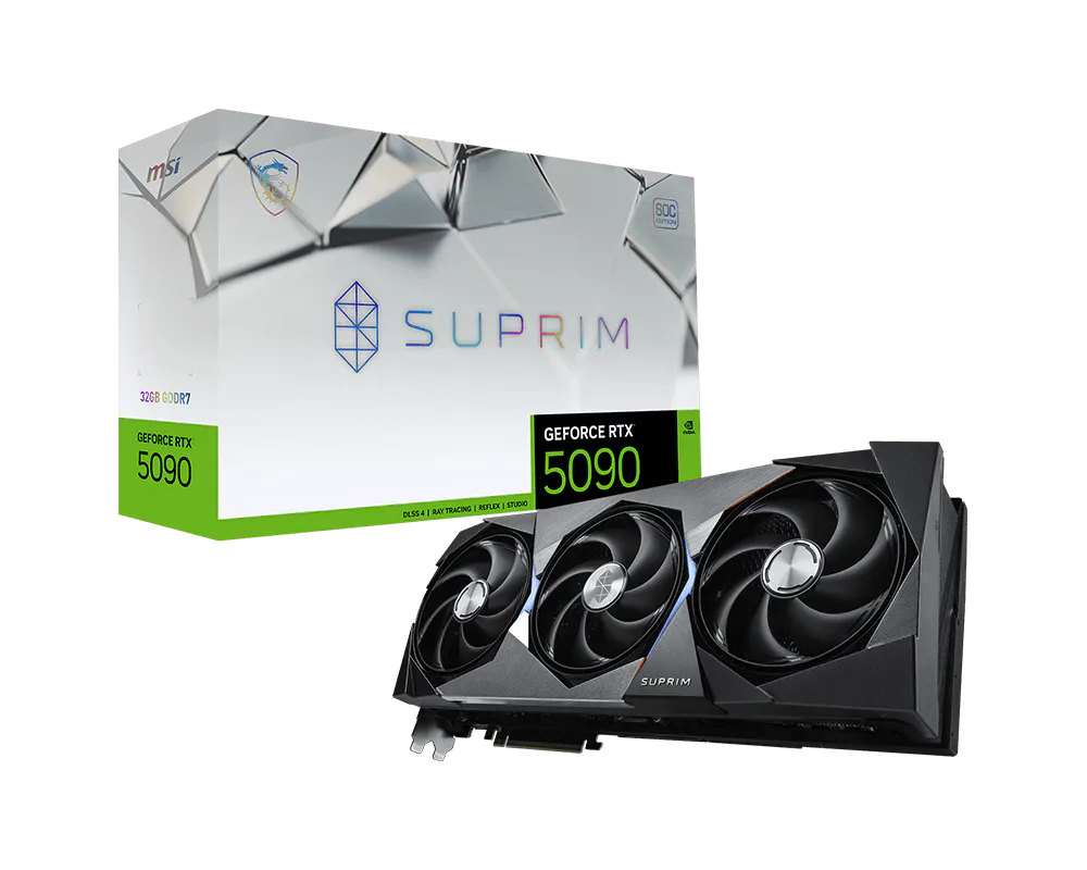 MSI SUPRIM retail packaging with GeForce RTX 5090 label and graphics card