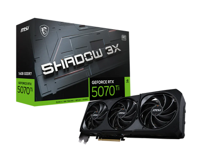 MSI SHADOW 3X graphics card box and installed card with triple-fan cooler.