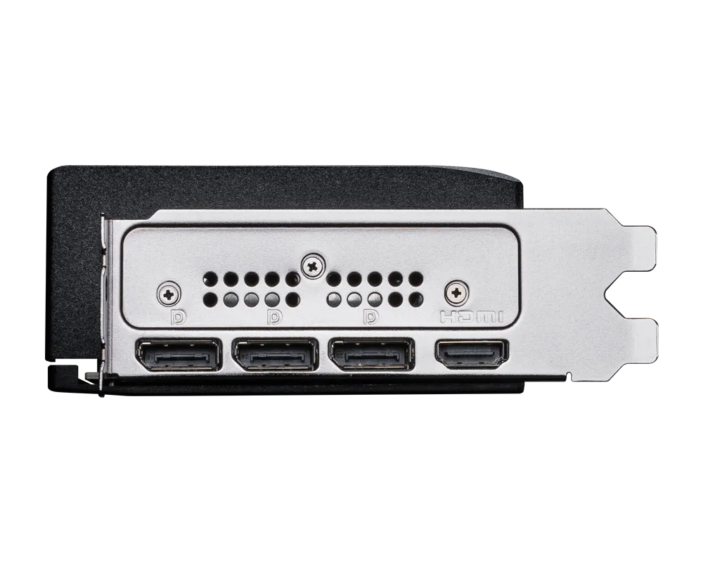 Graphics card rear I/O panel with HDMI ports and grouped display connectors.