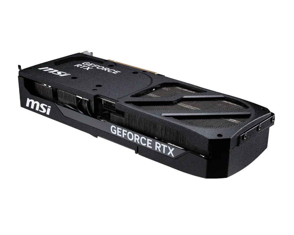 MSI GeForce RTX graphics card angled view with fan blades and vented shroud.