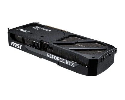 MSI GeForce RTX graphics card angled view with fan blades and vented shroud.