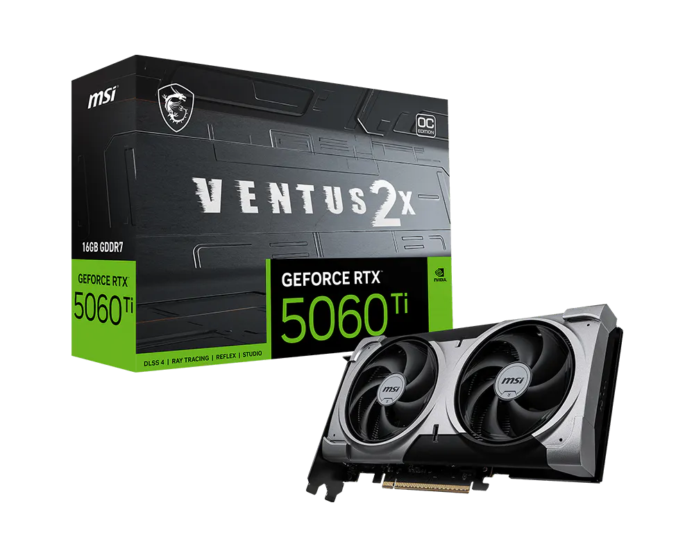 MSI GeForce RTX 5060 Ti graphics card with packaging on a white background