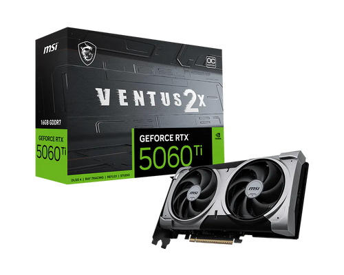 MSI GeForce RTX 5060 Ti graphics card with packaging on a white background