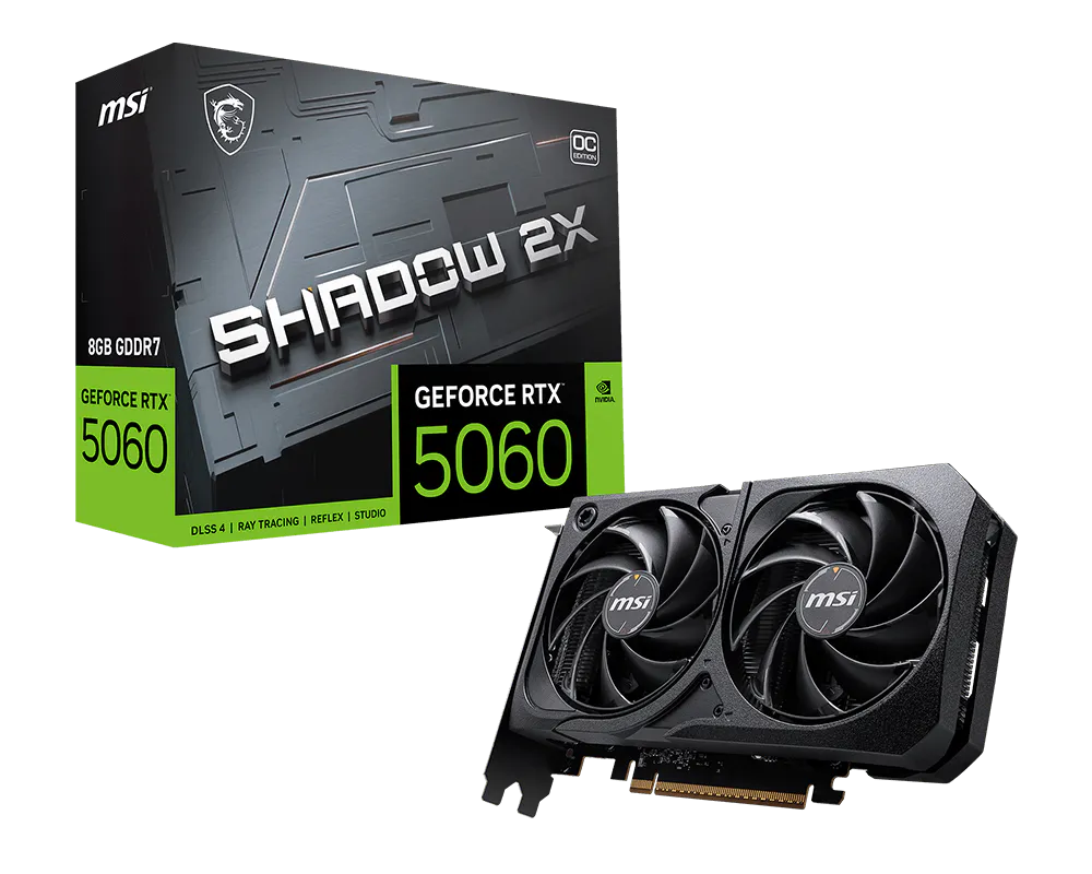 MSI GeForce RTX 5060 graphics card with packaging on a white background
