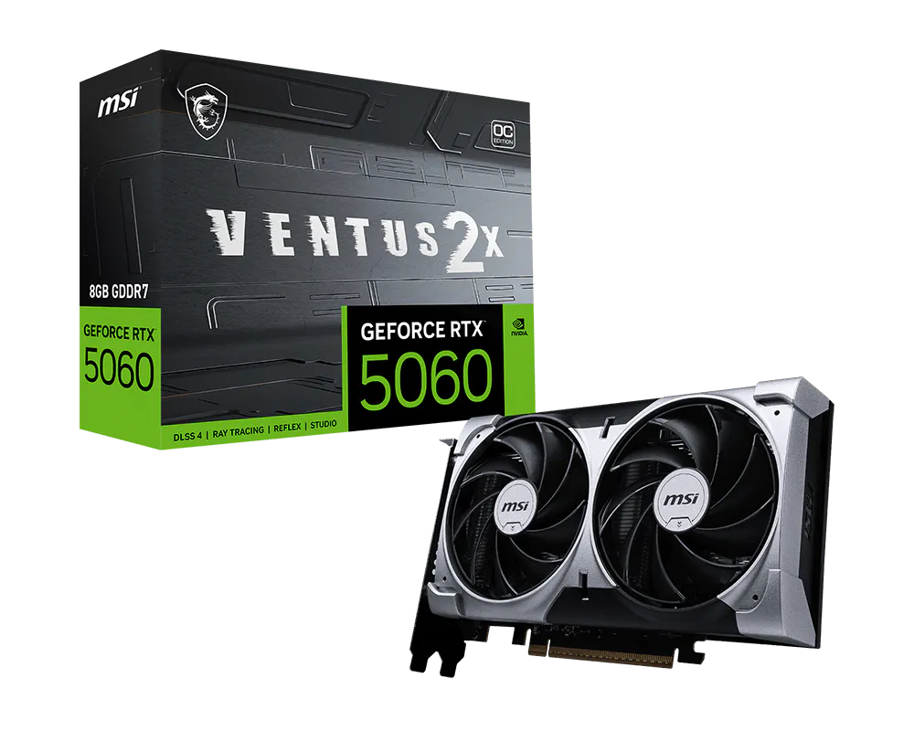 MSI GeForce RTX 5060 graphics card with Ventus 2x packaging on a white background