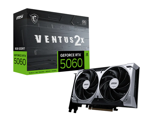 MSI GeForce RTX 5060 graphics card with Ventus 2x packaging on a white background