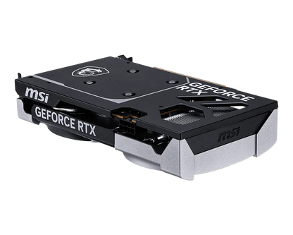 MSI GeForce RTX graphics card angled view with dual-fan shroud and MSI badge