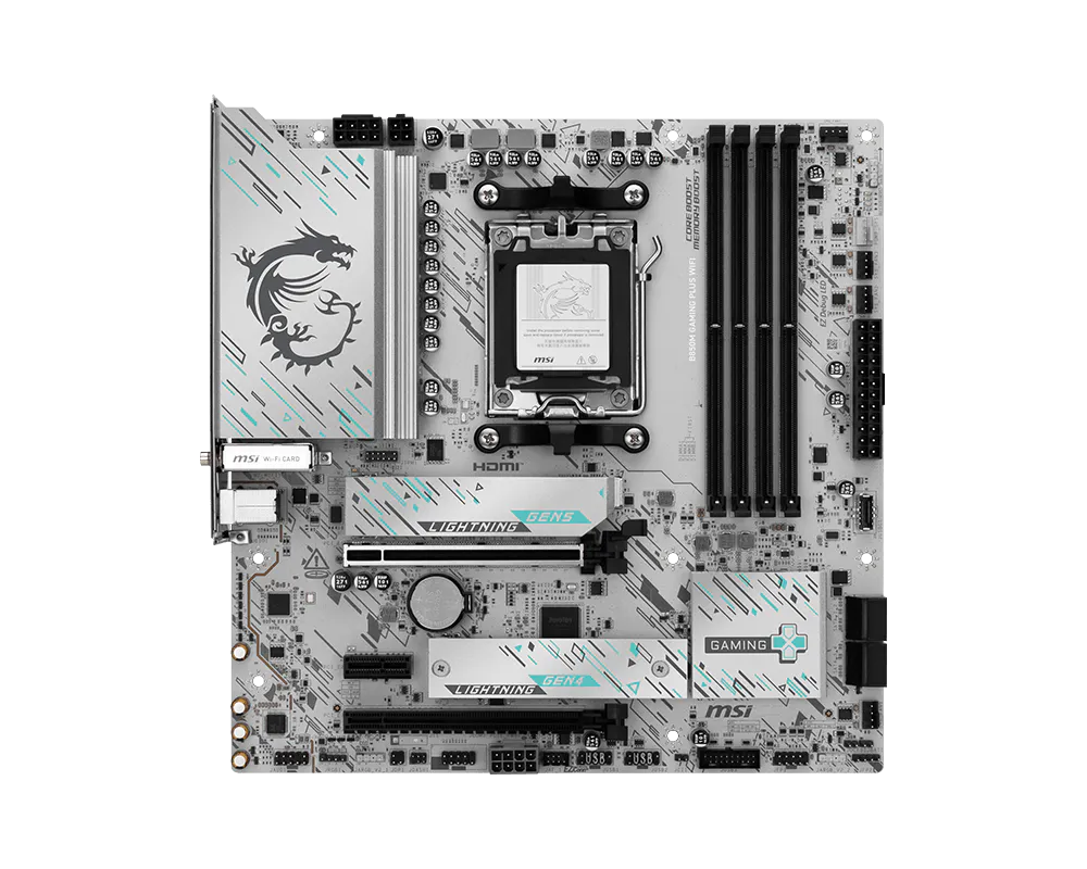 AM5 gaming motherboard top view showing CPU socket, RAM slots, and header ports
