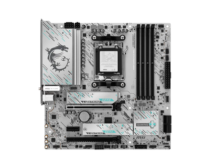 AM5 gaming motherboard top view showing CPU socket, RAM slots, and header ports