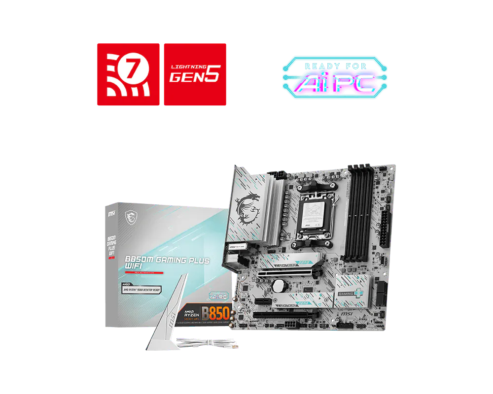 Motherboard box with i7, GEN5, and AI PC icons plus included motherboard