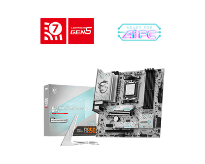 Motherboard box with i7, GEN5, and AI PC icons plus included motherboard