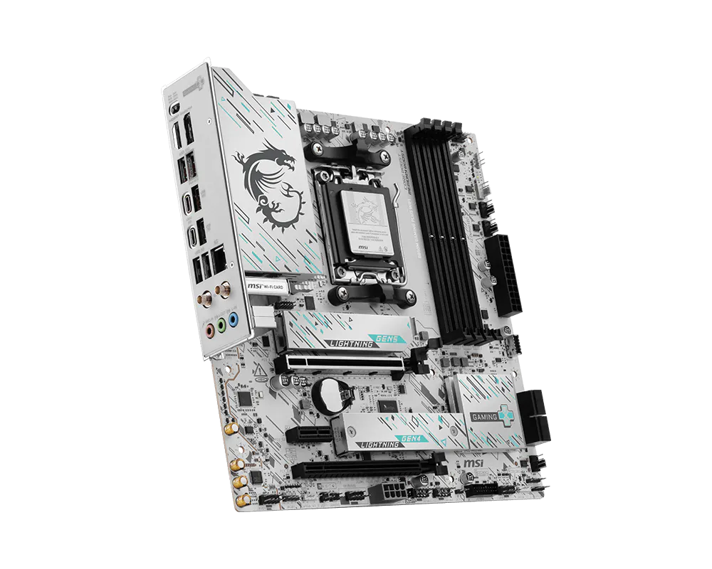 Gaming motherboard with AM5 CPU socket and stacked DDR slots, angled view