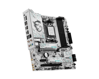 Gaming motherboard with AM5 CPU socket and stacked DDR slots, angled view