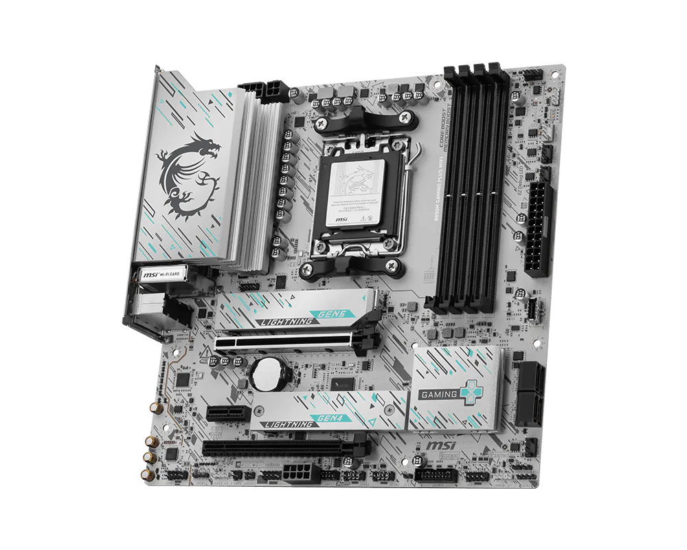 AM5 gaming motherboard with CPU socket, RAM slots, and black chipset heatsinks