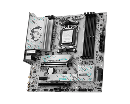 AM5 gaming motherboard with CPU socket, RAM slots, and black chipset heatsinks