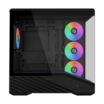Black mini mid-tower gaming case with three rainbow RGB fans on right side