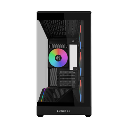 Black mini mid-tower gaming case with front window and RGB fan installed