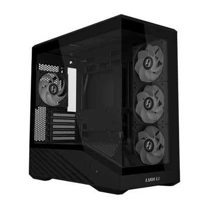 Black mini mid-tower gaming case with three gray intake fans and mesh side panel