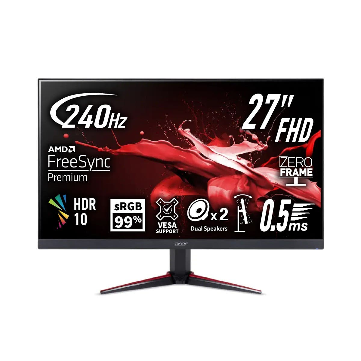 Gaming monitor with specifications on a white background